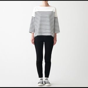 COPY - MUJI ORGANIC COTTON JERSEY BOAT NECK 3/4 SLEEVE T-SHIRT Blue Stripe